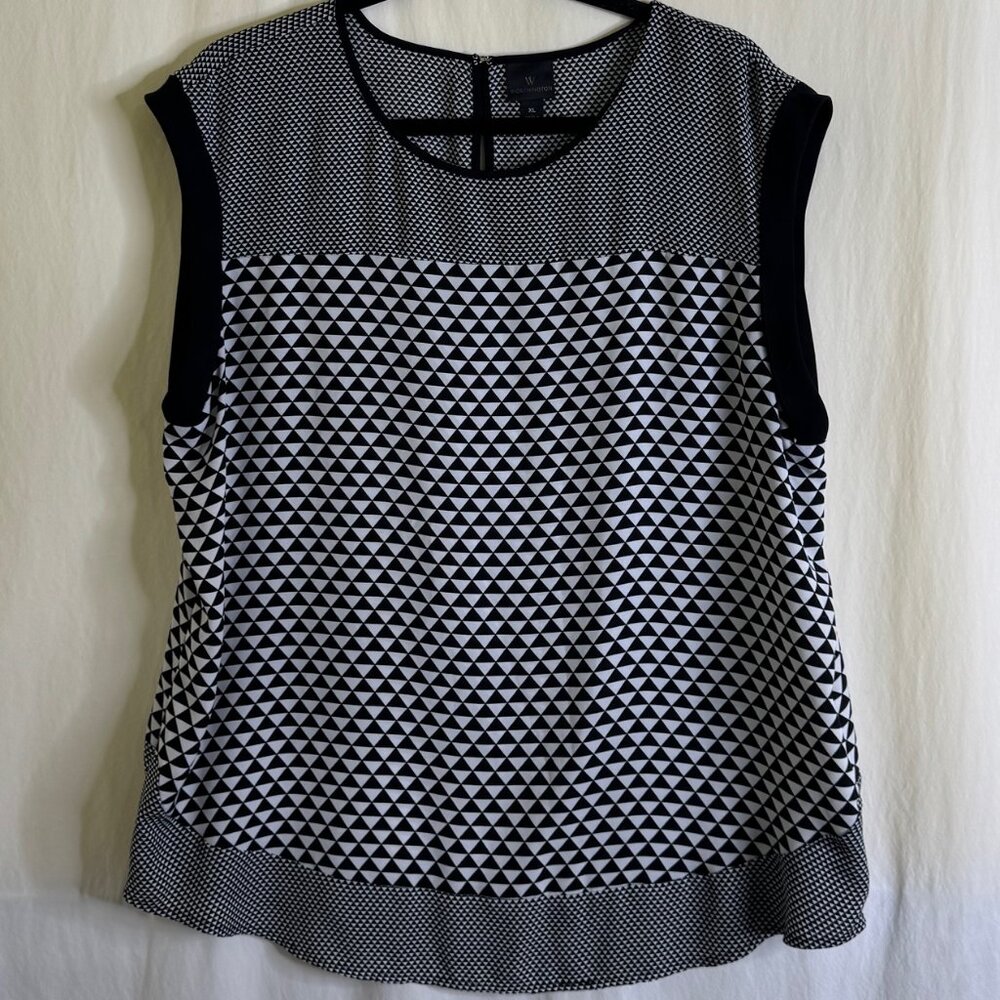 Worthington Women's Blouse Top Geometric Design Sleeveless Black & Cream Size XL